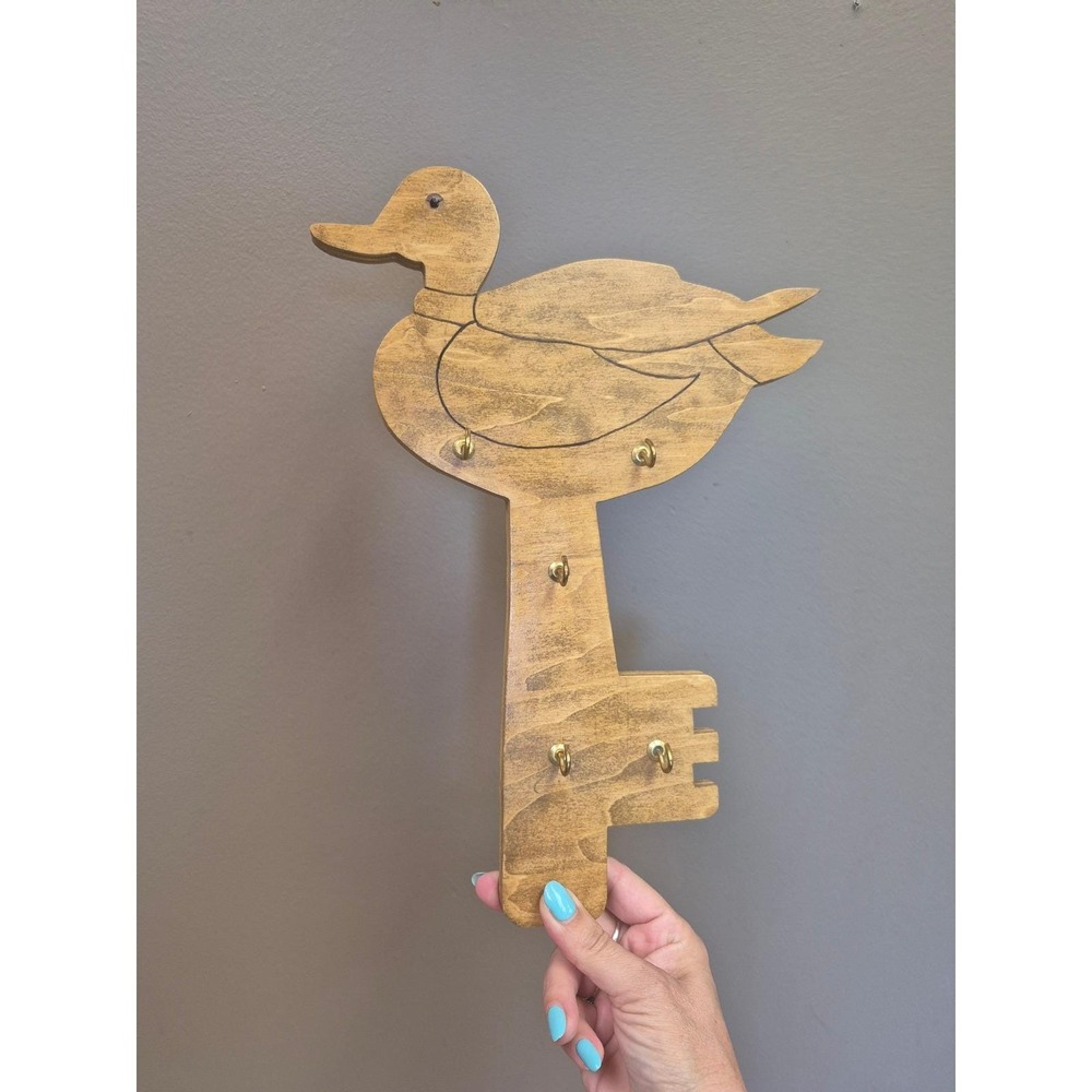 Vintage Wooden Duck Key Holder Wall Rack Mallard Cabin Decor 5 Brass Hooks Lodge